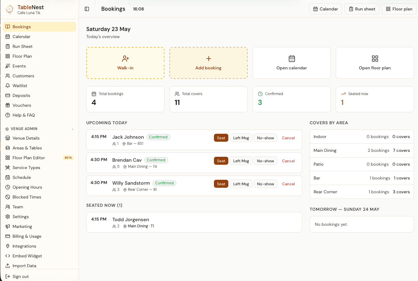 TableNest bookings dashboard showing today's overview, walk-in and booking actions, and upcoming reservations