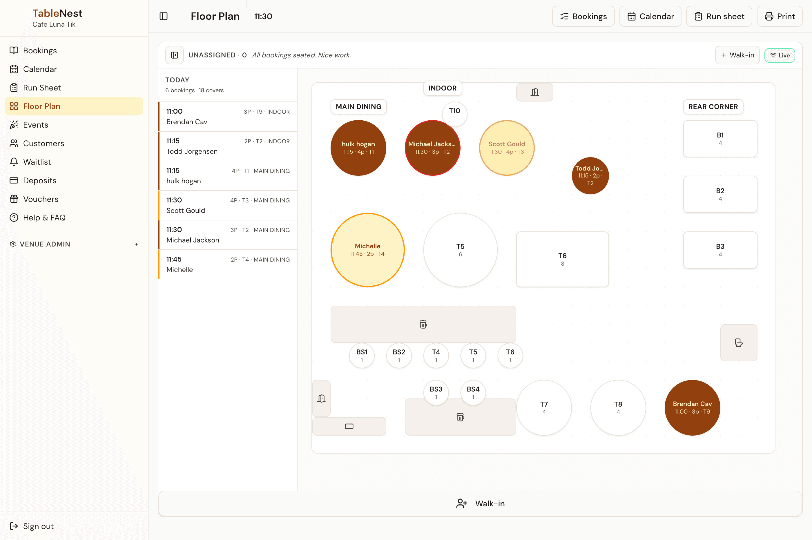 TableNest floor plan editor for Cafe Luna with tables placed across indoor, courtyard and window-seat areas, two bookings shown mid-drag