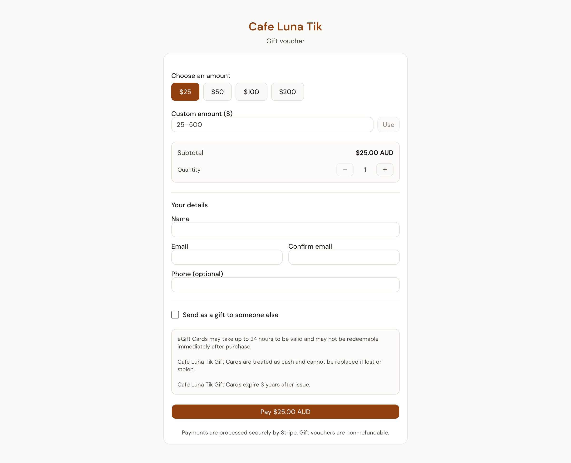 TableNest voucher purchase page for Cafe Luna with branded card, amount selector and gift recipient form