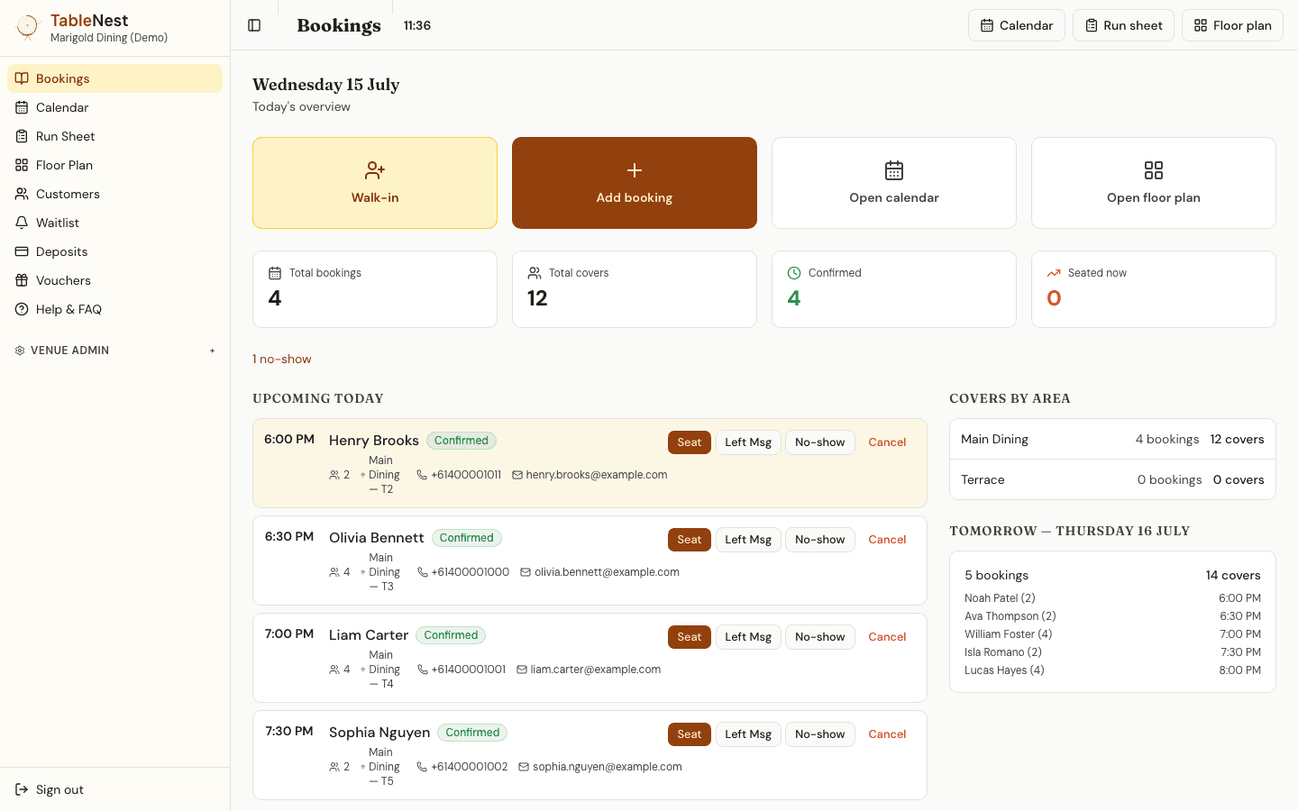 TableNest reservation software dashboard showing the day's table bookings with guest names, times, party sizes and table assignments