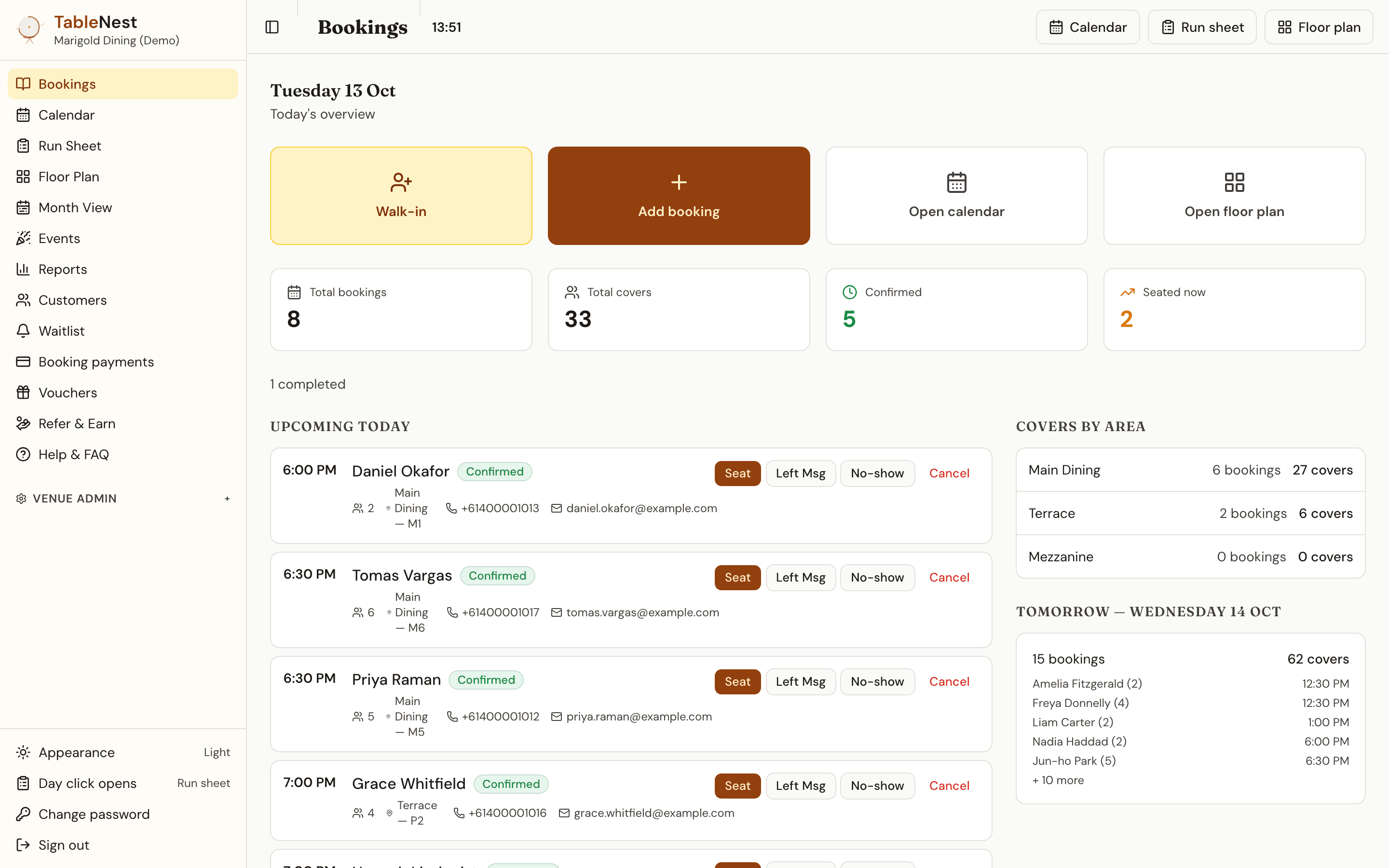 TableNest reservation software dashboard showing the day's table bookings with guest names, times, party sizes and table assignments