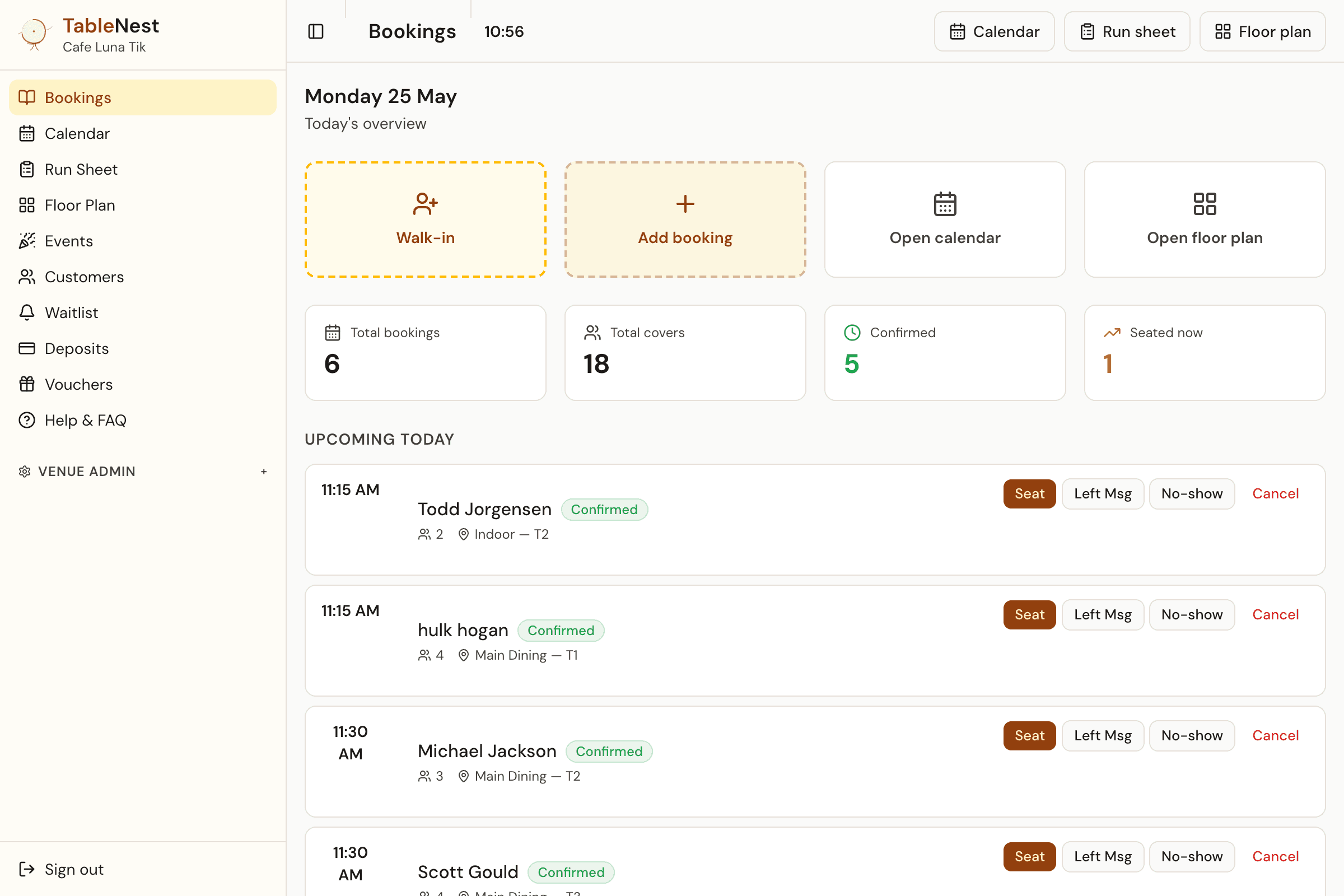 TableNest bookings page for Cafe Luna showing today's reservations, walk-in button, and the floor team's mark-seated controls