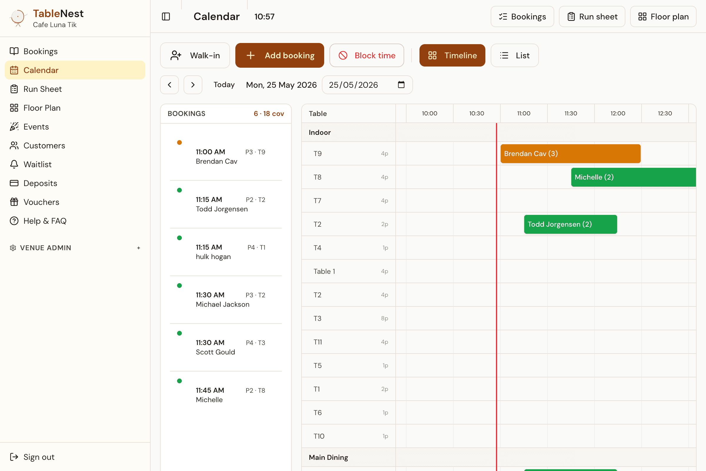 TableNest weekly calendar for Cafe Luna showing bookings across courtyard, indoor and window seating areas