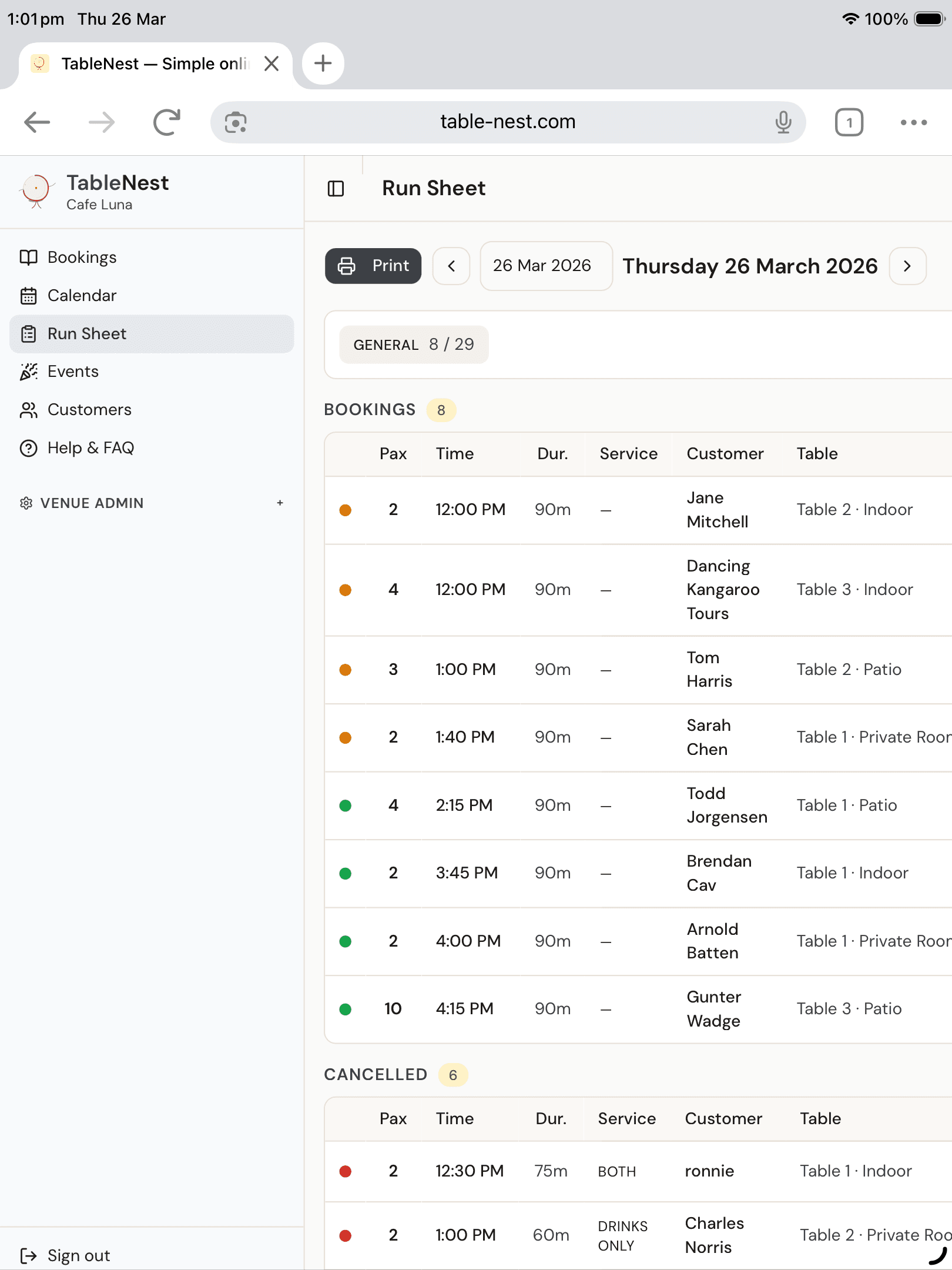 TableNest run sheet showing chronological bookings with customer names, times, table assignments, party sizes, and special notes for kitchen and floor