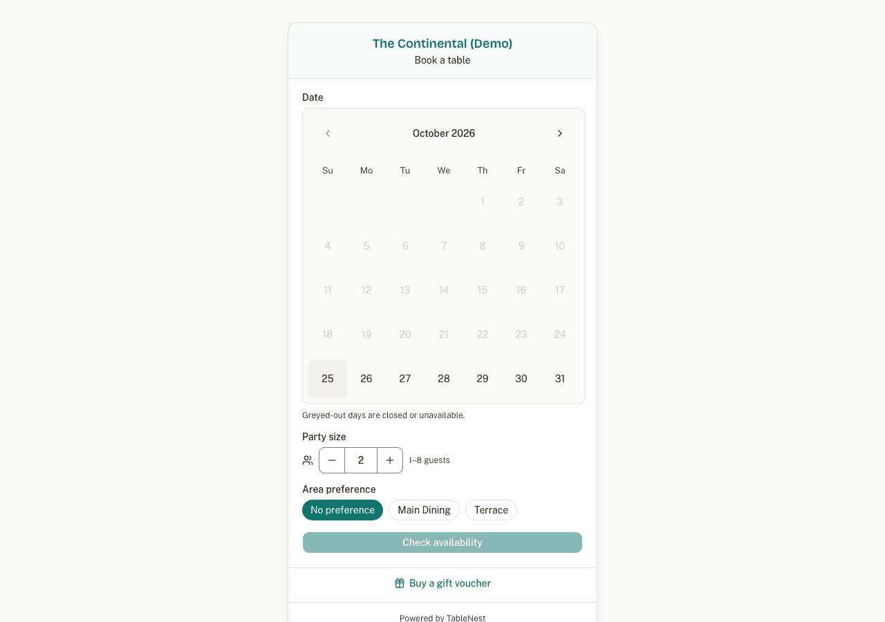 The TableNest booking widget on a venue's public booking page, showing a date picker, party size buttons from one to eight, area preference buttons and a Check availability button