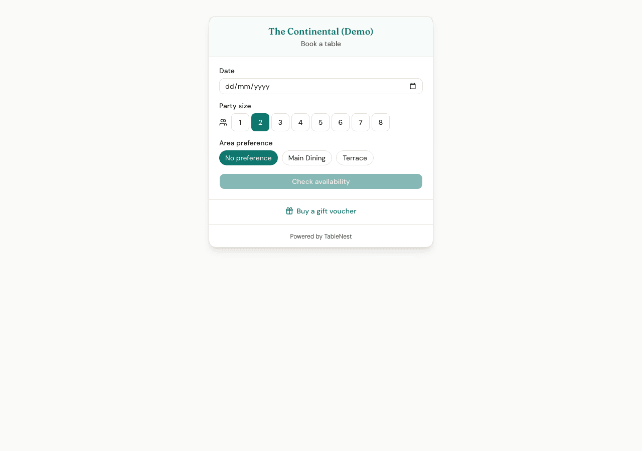 The TableNest booking widget on a venue's public booking page, showing a date picker, party size buttons from one to eight, area preference buttons and a Check availability button