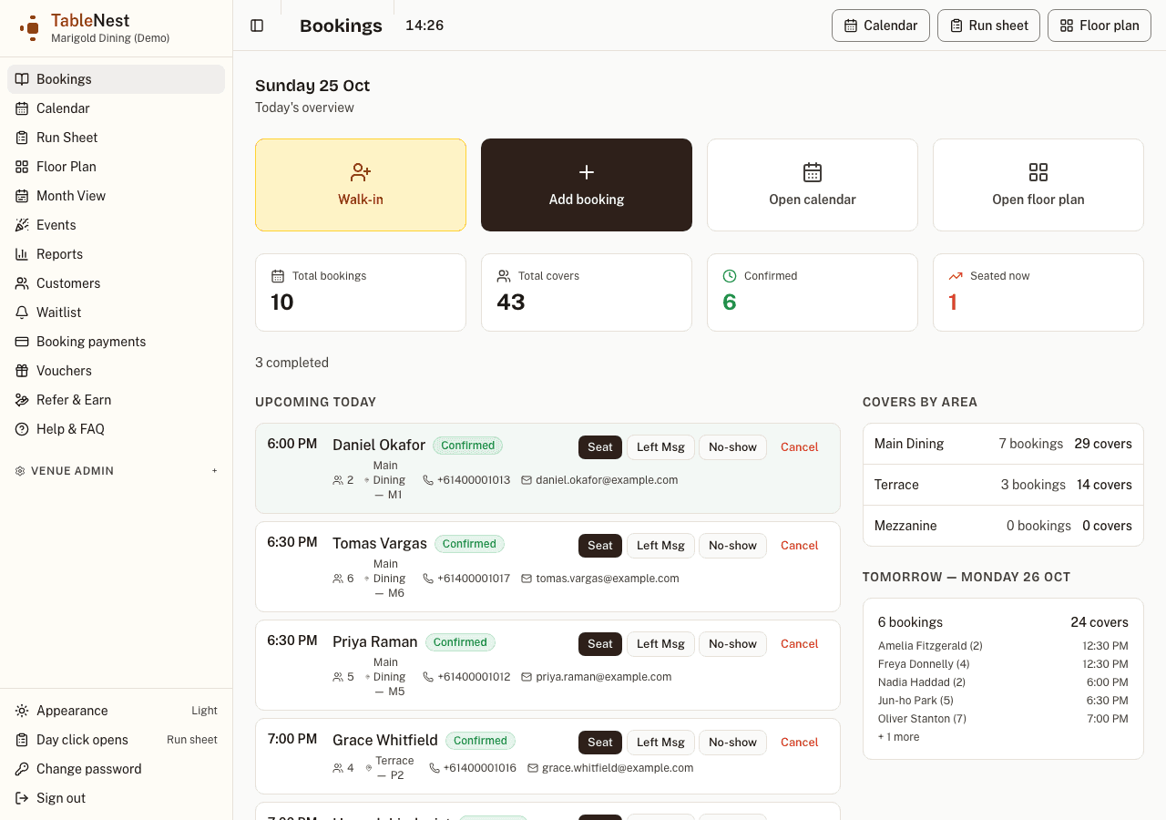 The TableNest bookings dashboard for a demo venue, showing the sidebar navigation and the day's bookings with the add-booking quick action