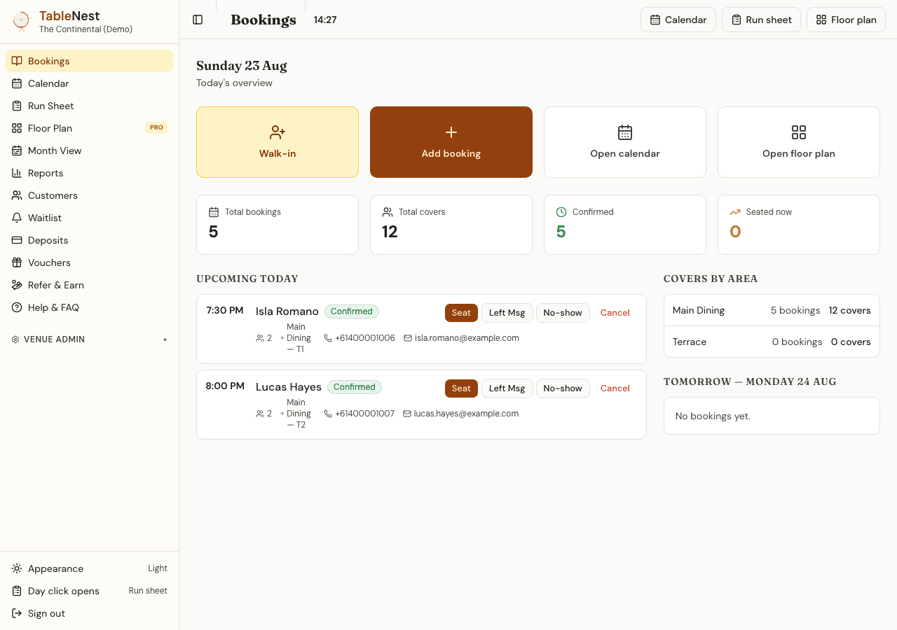 The TableNest bookings dashboard for a demo venue, showing the sidebar navigation and the day's bookings with the add-booking quick action