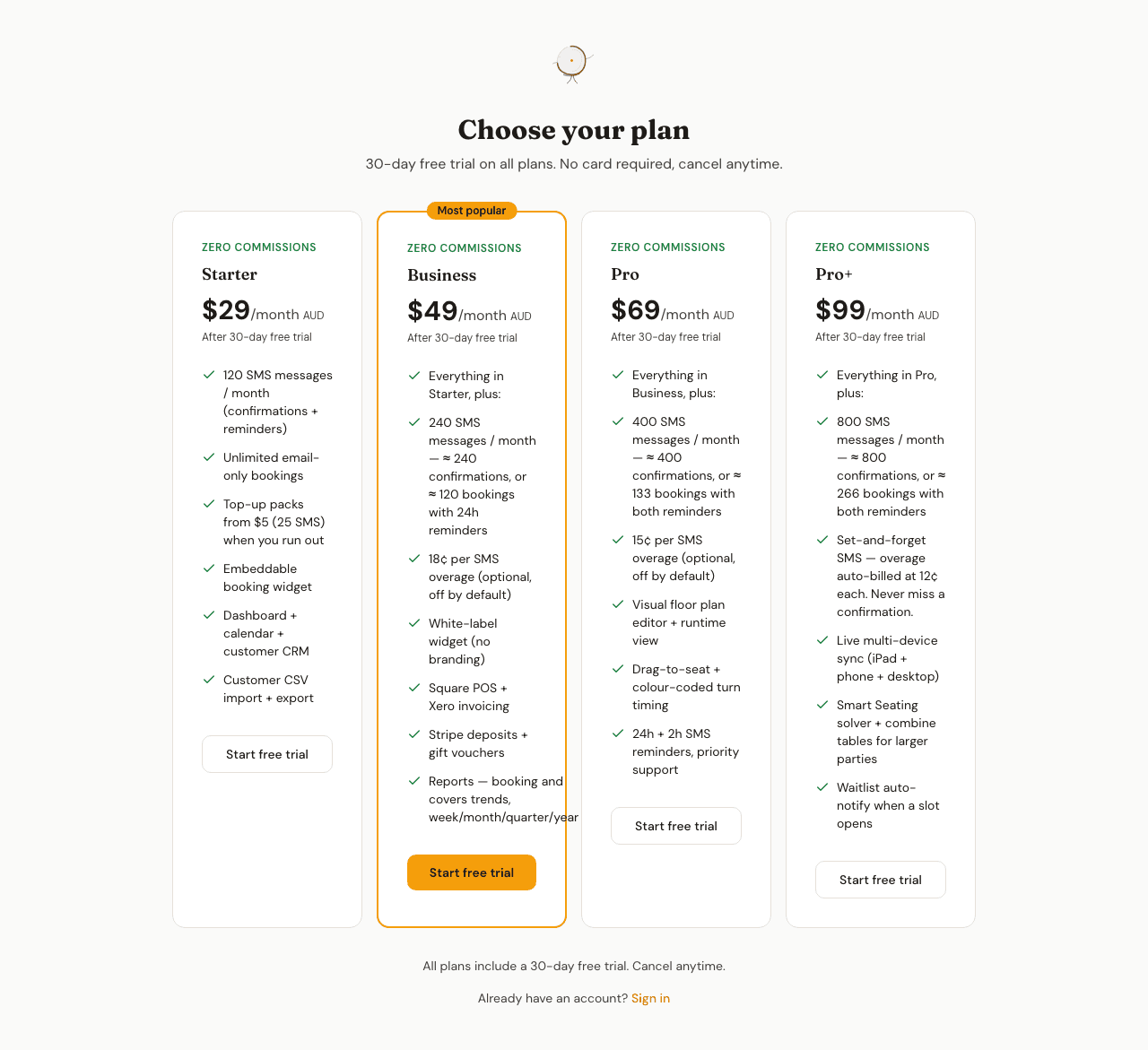 The TableNest signup plan picker showing the Starter, Business, Pro and Pro+ plans side by side, each with a Start free trial button