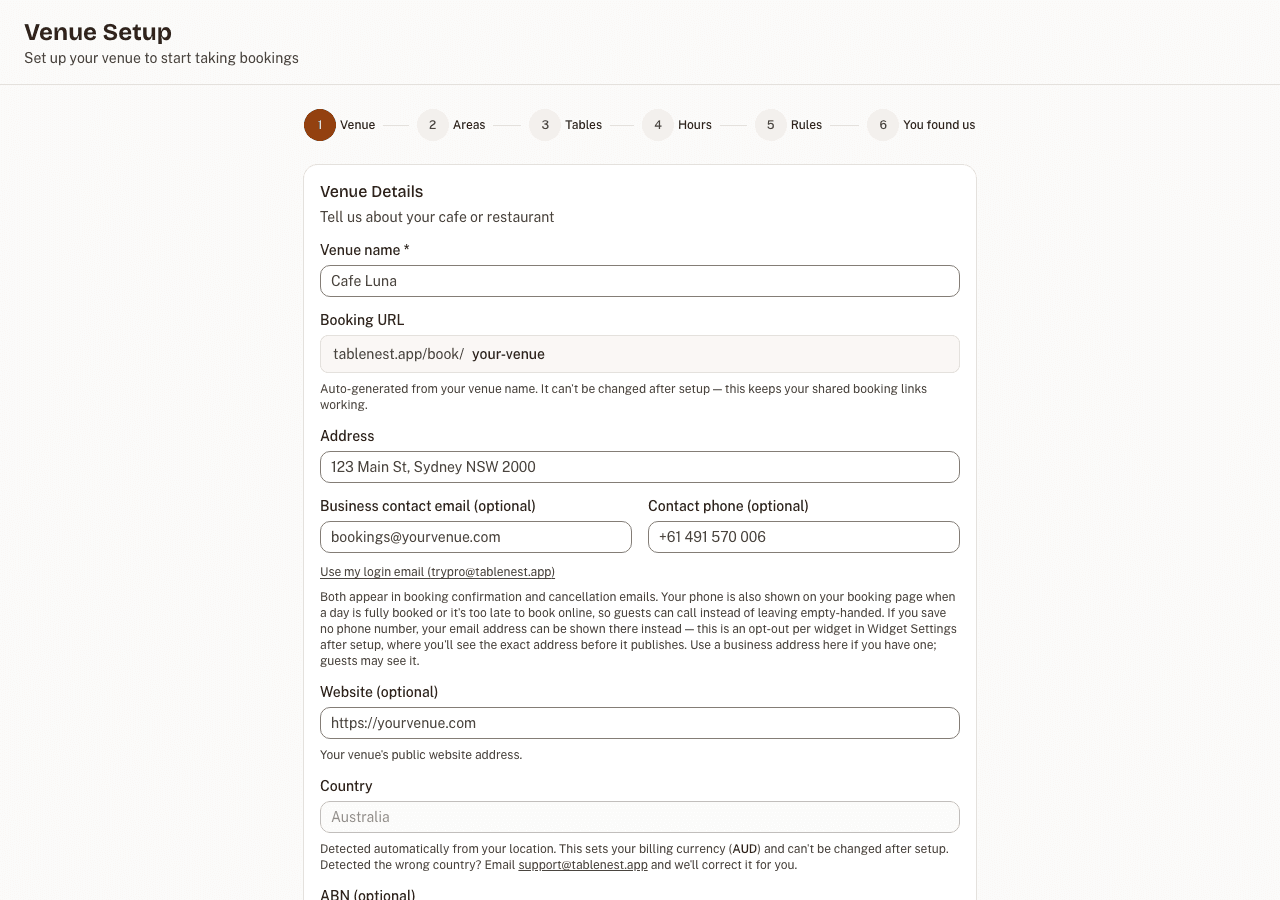 Step 1 of the TableNest setup wizard, showing the six-step progress bar — Venue, Areas, Tables, Hours, Rules, You found us — above fields for venue name, booking URL, address, country, timezone and brand colour