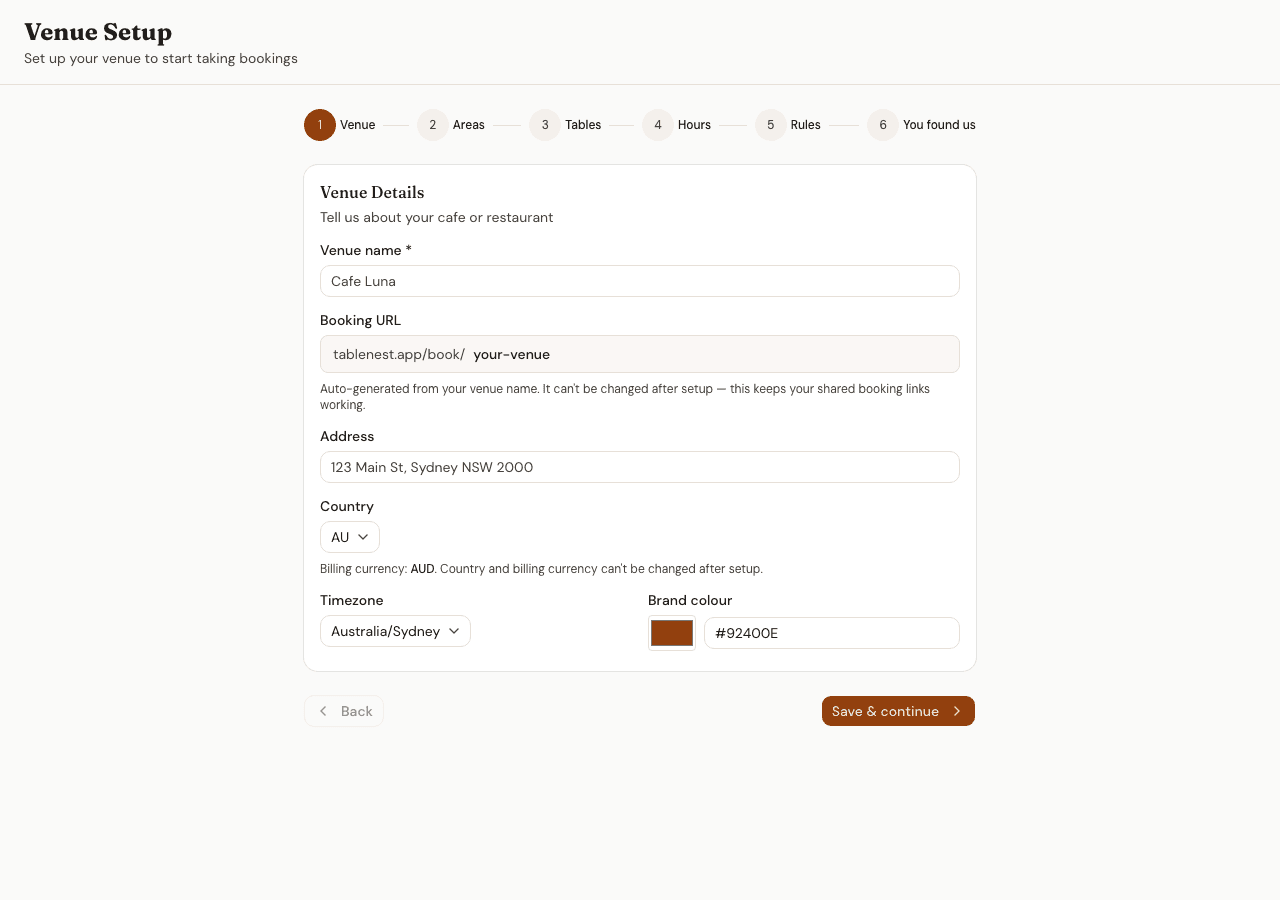 Step 1 of the TableNest setup wizard, showing the six-step progress bar — Venue, Areas, Tables, Hours, Rules, You found us — above fields for venue name, booking URL, address, country, timezone and brand colour