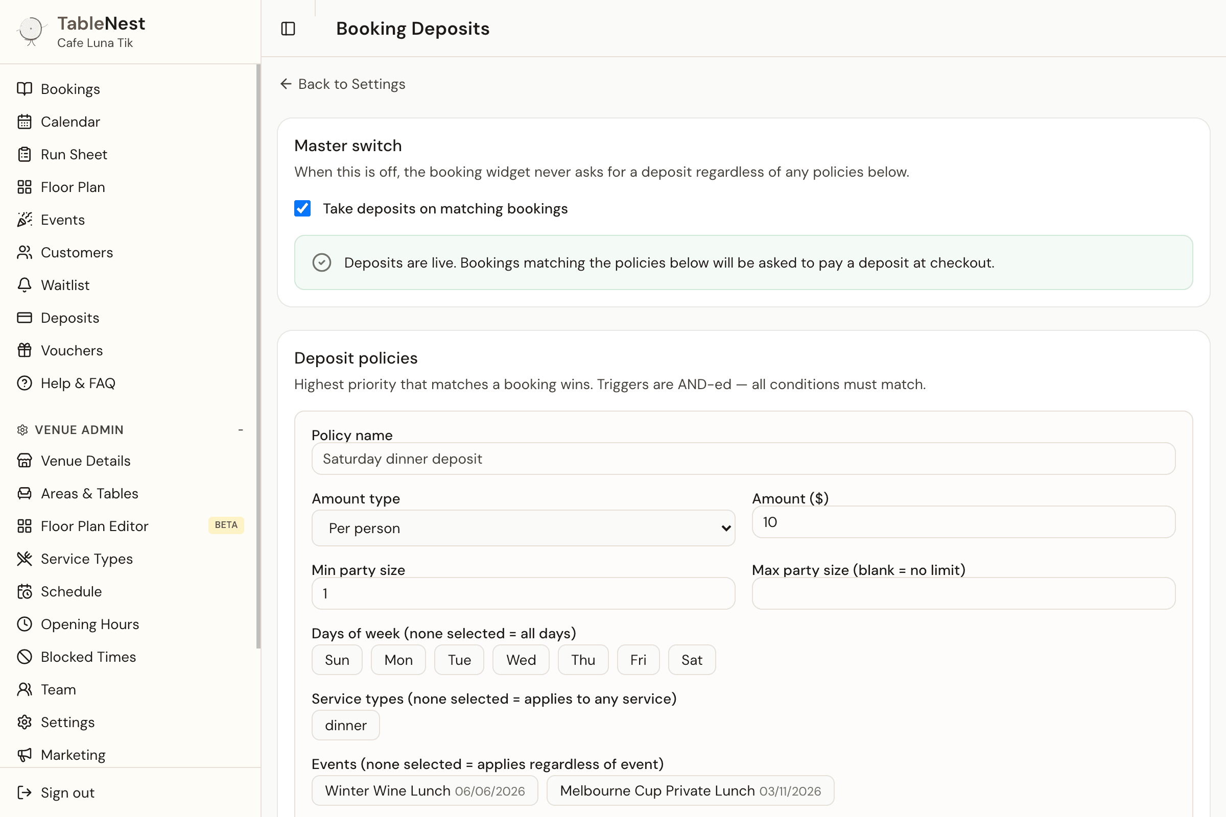 TableNest deposit policy settings for Cafe Luna showing the $20-per-cover weekend rule