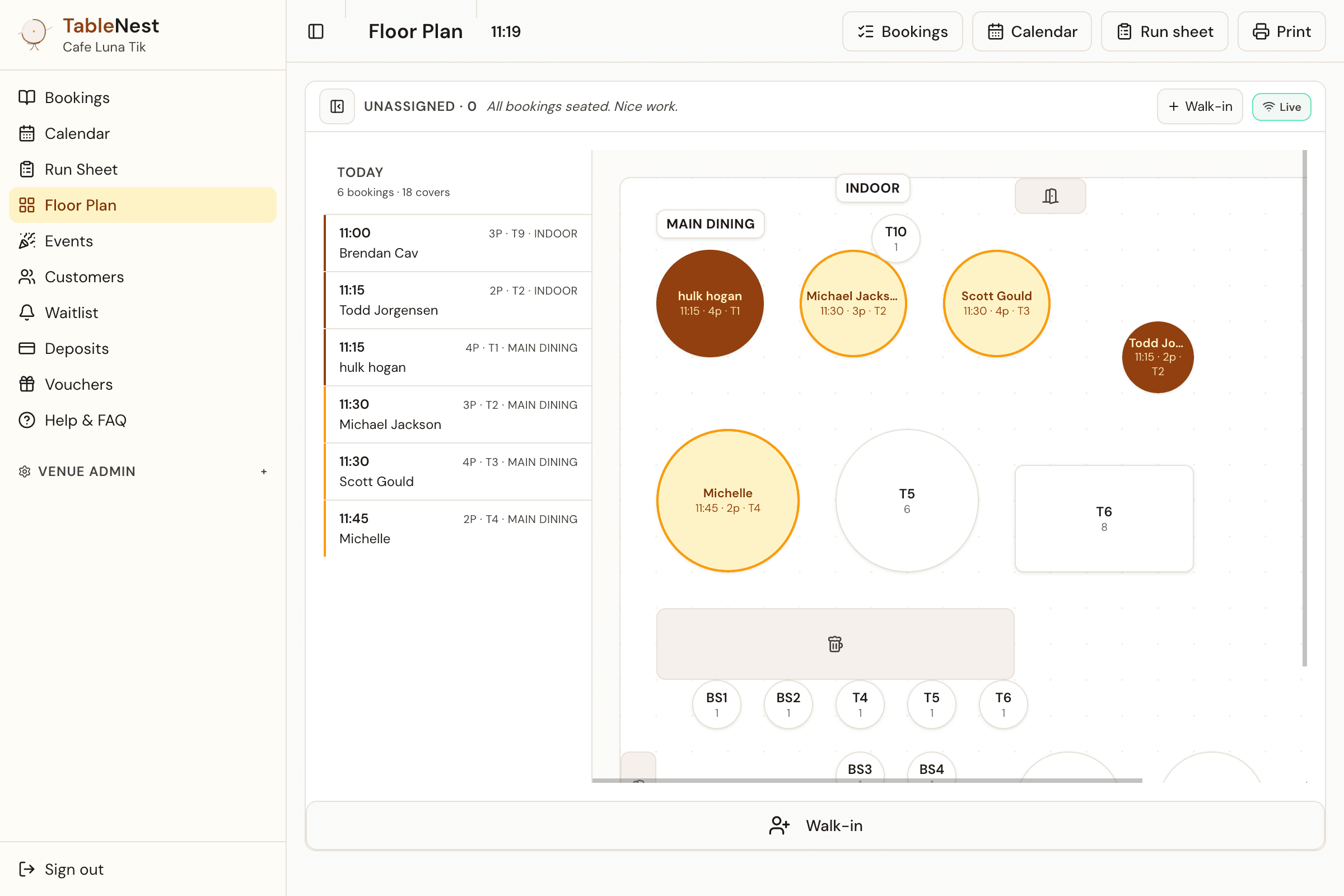 TableNest floor plan editor showing Cafe Luna's indoor, courtyard and window-seat areas with tables placed