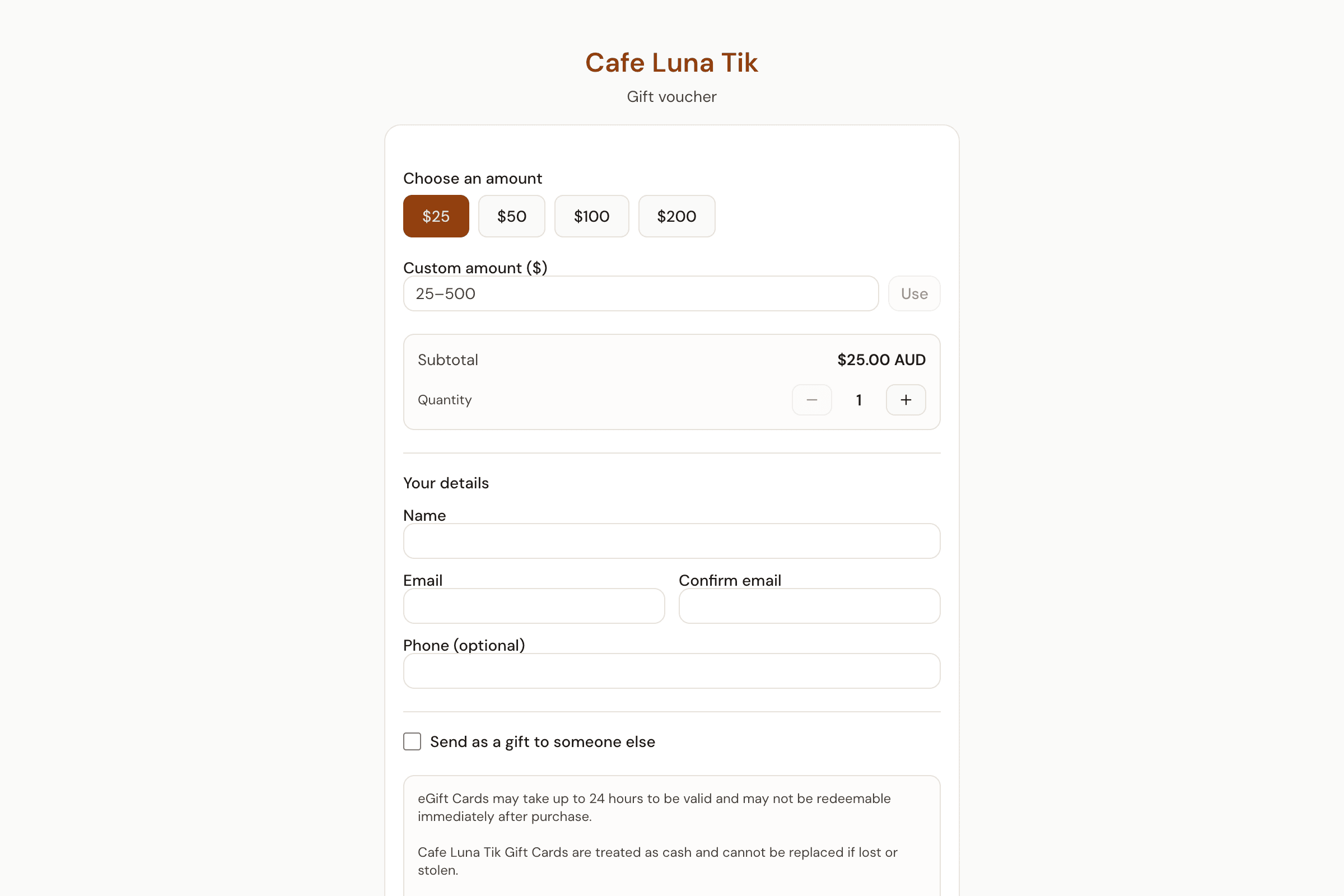 TableNest voucher purchase page for Cafe Luna with branded gift voucher card and amount selector